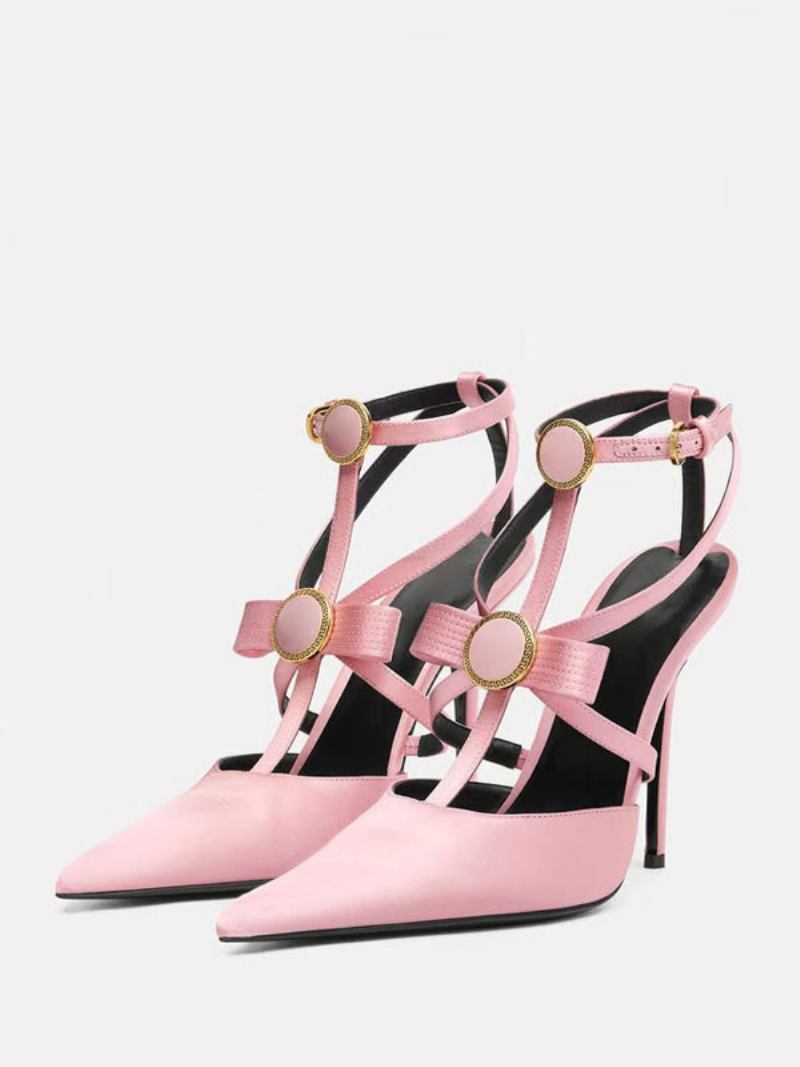 Sapatos Femininos Salto Alto Cetim Com Bico Fino E Tiras Agulha - Rosa