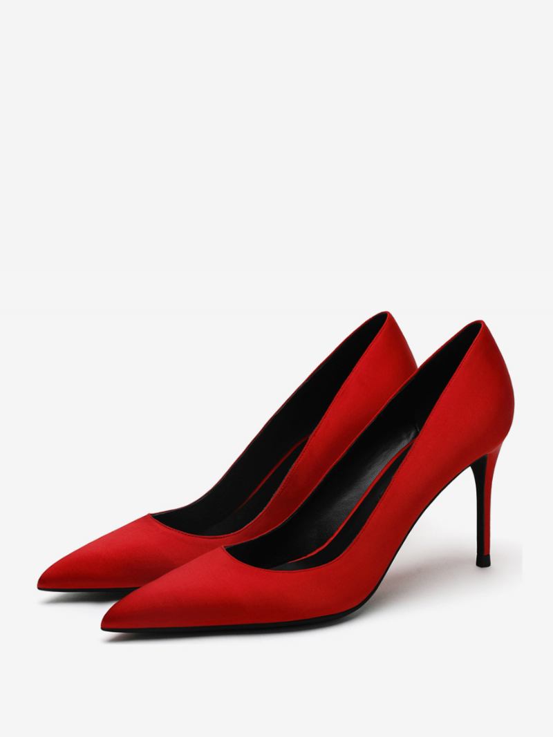 Sapatos Femininos Salto Alto Cetim Preto Com Bico Fino E Agulha - Vermelho