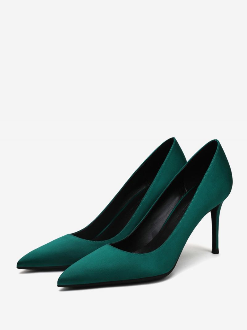 Sapatos Femininos Salto Alto Cetim Preto Com Bico Fino E Agulha - Teal