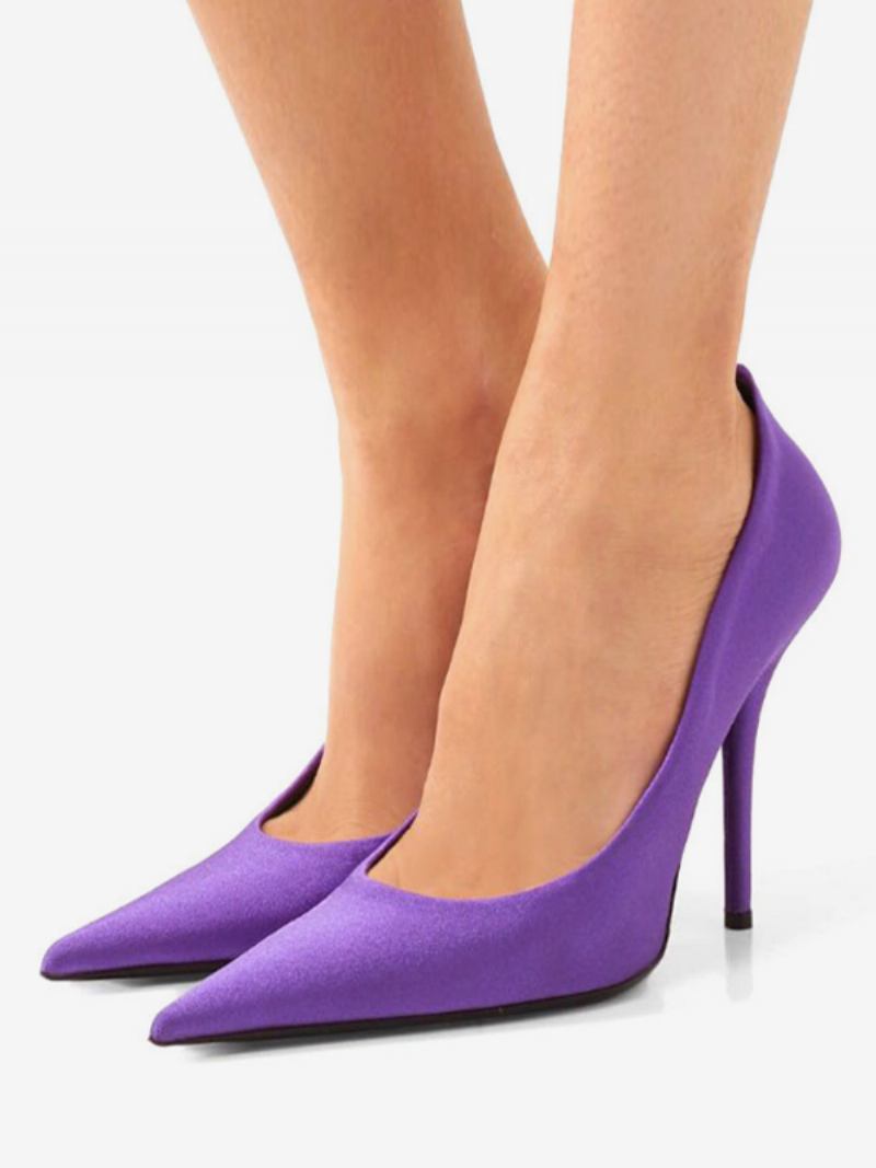 Sapatos Femininos Salto Alto Cetim Roxo Bico Fino Com Agulha