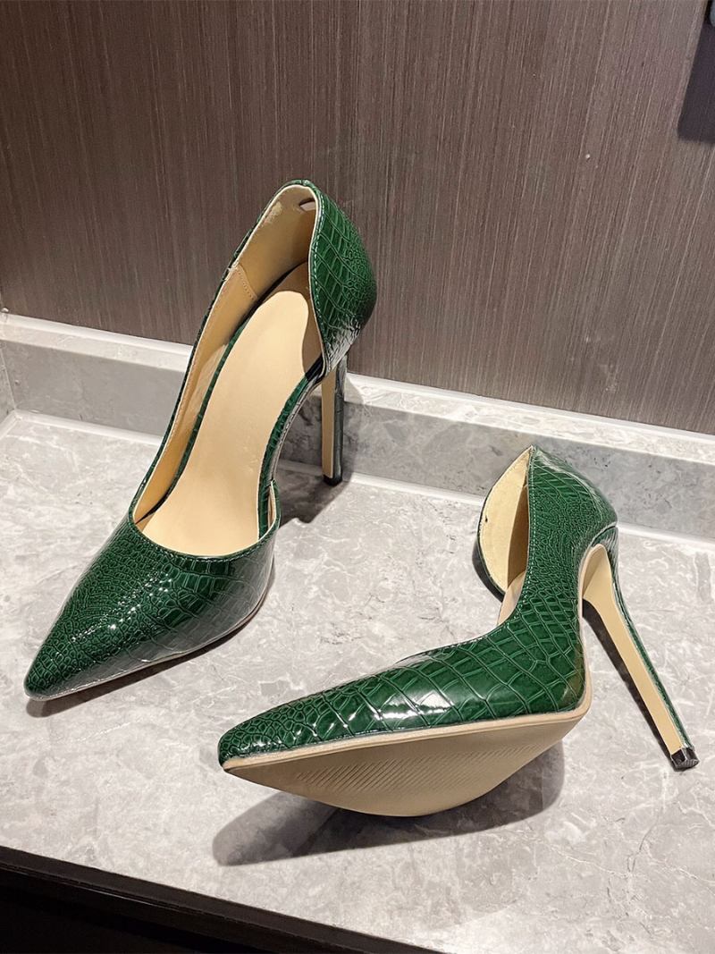 Sapatos Femininos Salto Alto Com Bico Fino E Padrão Cobra - Verde