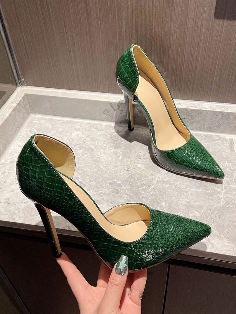 Sapatos Femininos Salto Alto Com Bico Fino E Padrão Cobra - Verde