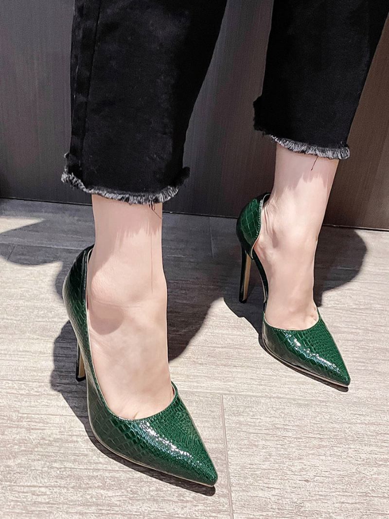 Sapatos Femininos Salto Alto Com Bico Fino E Padrão Cobra - Verde