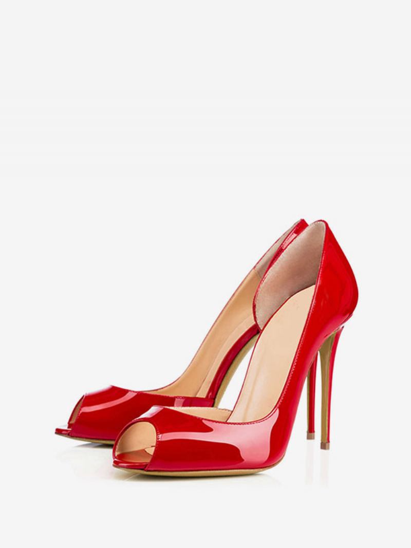 Sapatos Femininos Salto Alto Couro Envernizado Peep Toe Em Preto - Vermelho