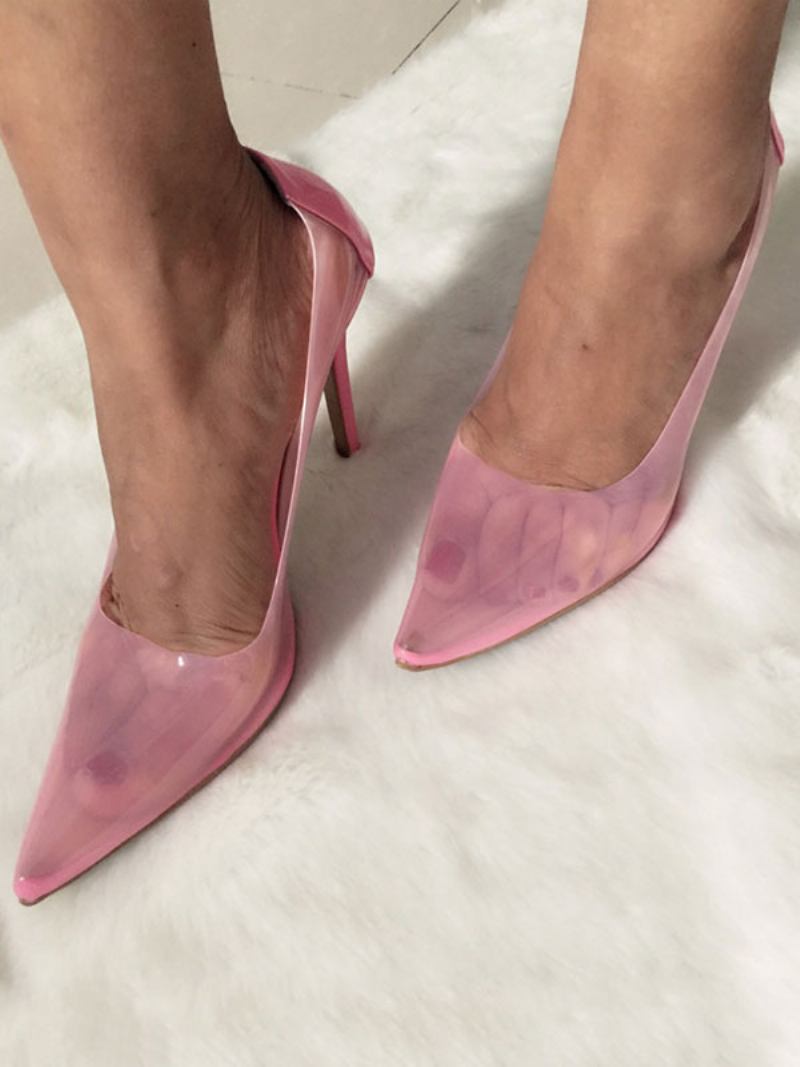 Sapatos Femininos Salto Alto Em Pvc Transparente Com Bico Fino Rosa - Rosa