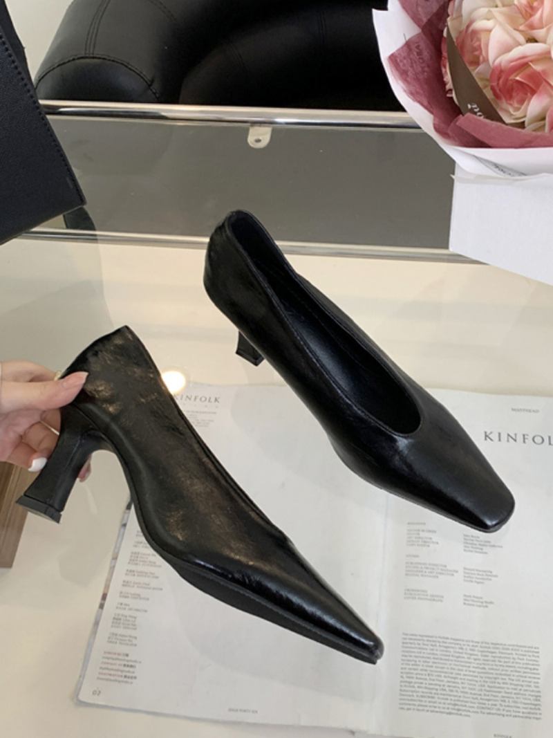 Sapatos Femininos Salto Alto Preto Com Bico Quadrado E Grosso - Preto