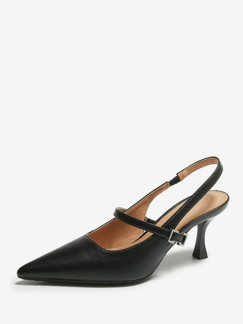 Sapatos Femininos Salto Alto Preto Pontiagudo Gatinho Com Estilingue - Preto