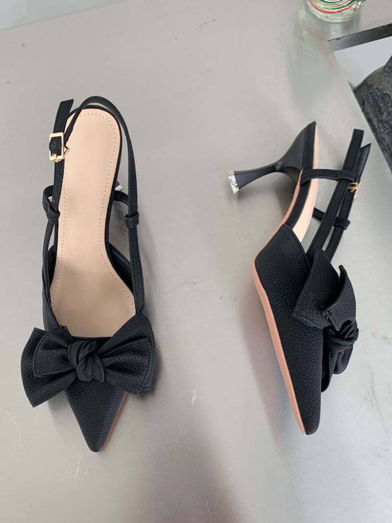 Sapatos Femininos Salto Médio Baixo Com Agulha Em Couro Pu - Preto