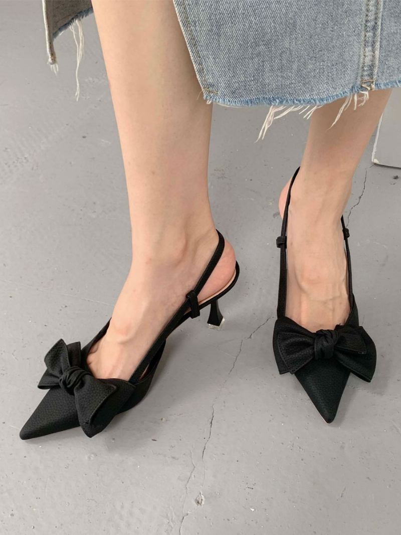 Sapatos Femininos Salto Médio Baixo Com Agulha Em Couro Pu - Preto