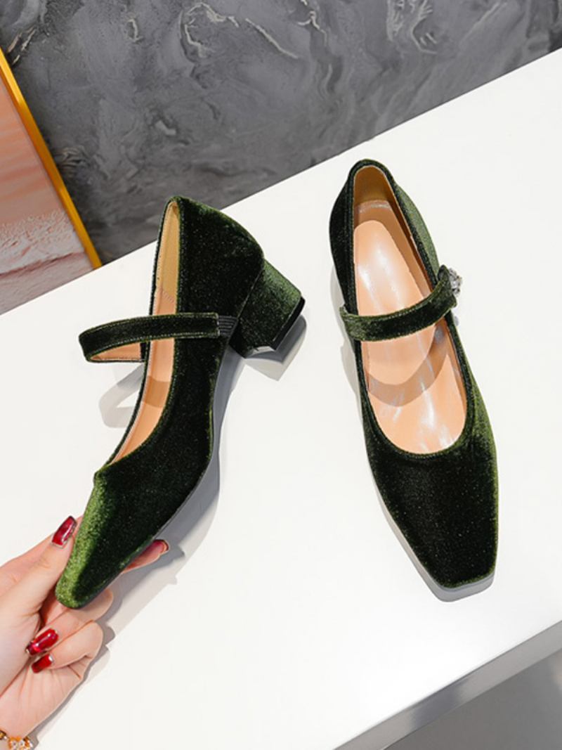 Sapatos Femininos Salto Médio Baixo Veludo Com Bico Quadrado E Grosso Mary Jane - Verde Escuro