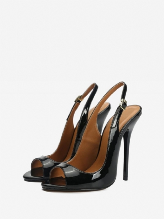 Sapatos Femininos Salto Slingback Peep Toe Em Preto