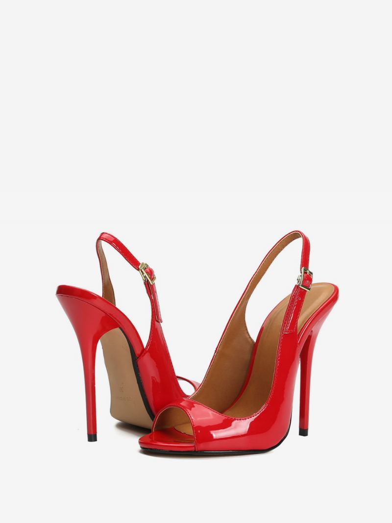 Sapatos Femininos Salto Slingback Peep Toe Em Preto - Vermelho