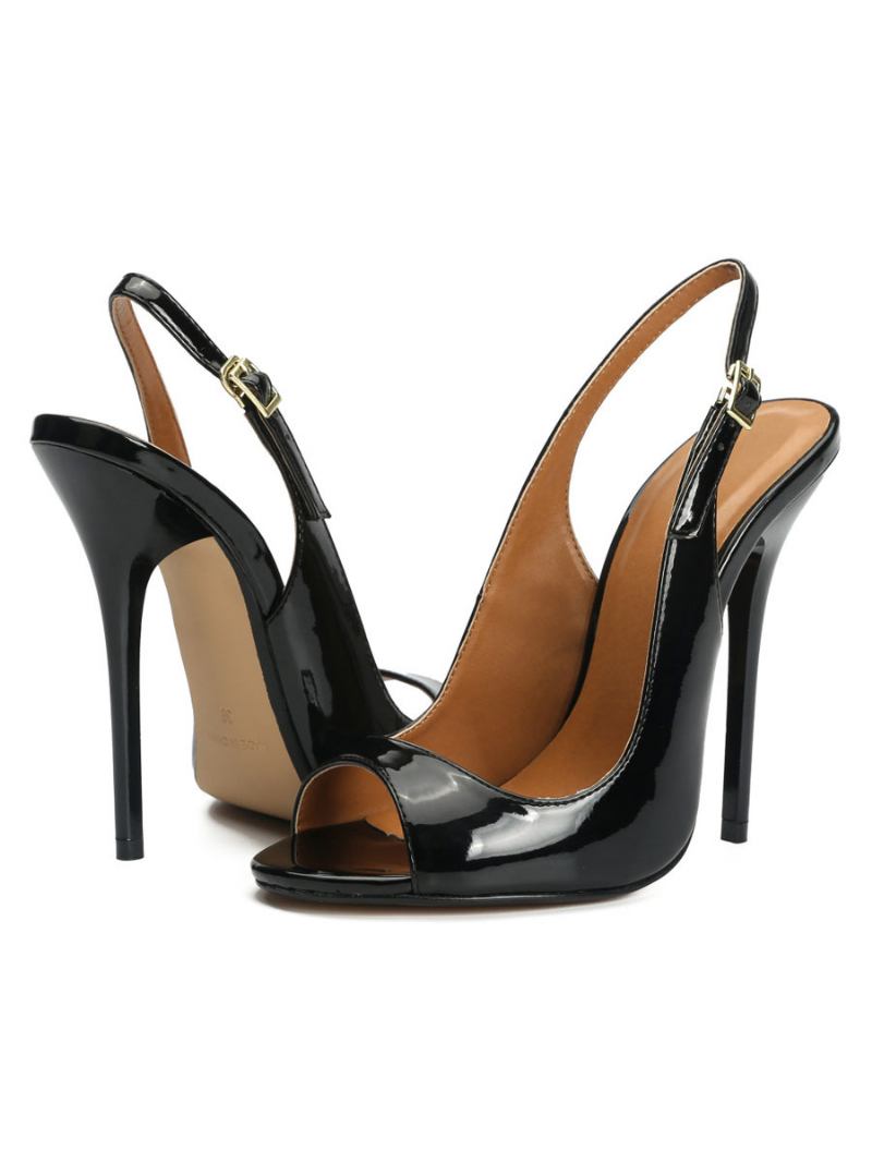 Sapatos Femininos Salto Slingback Peep Toe Em Preto - Preto