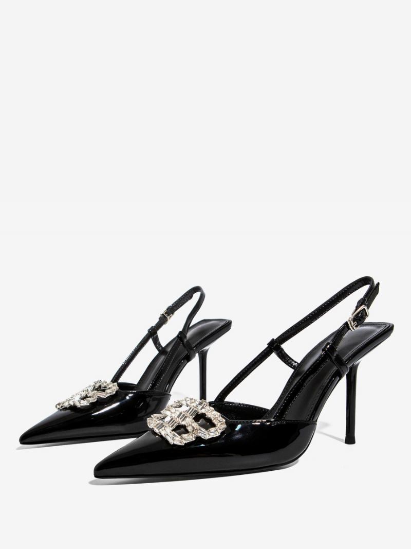 Sapatos Femininos Slingback Com Strass Preto E Salto Agulha Festa