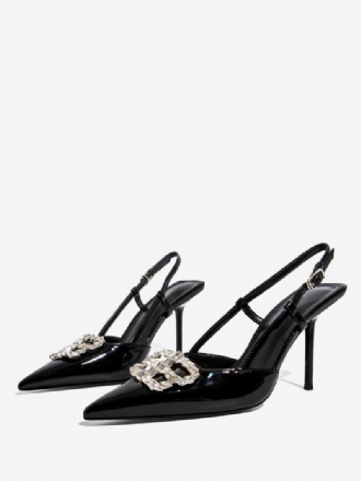 Sapatos Femininos Slingback Com Strass Preto E Salto Agulha Festa