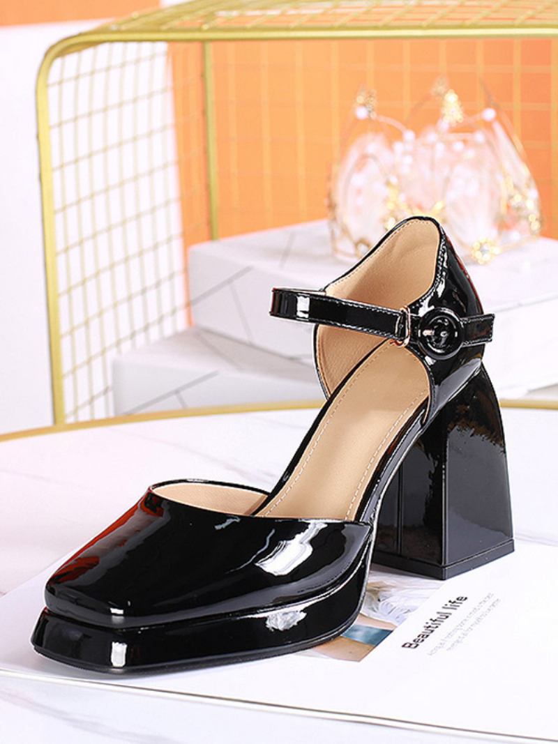 Sapatos Femininos Vintage Camelo Couro Envernizado Bico Quadrado Com Cadarço - Preto