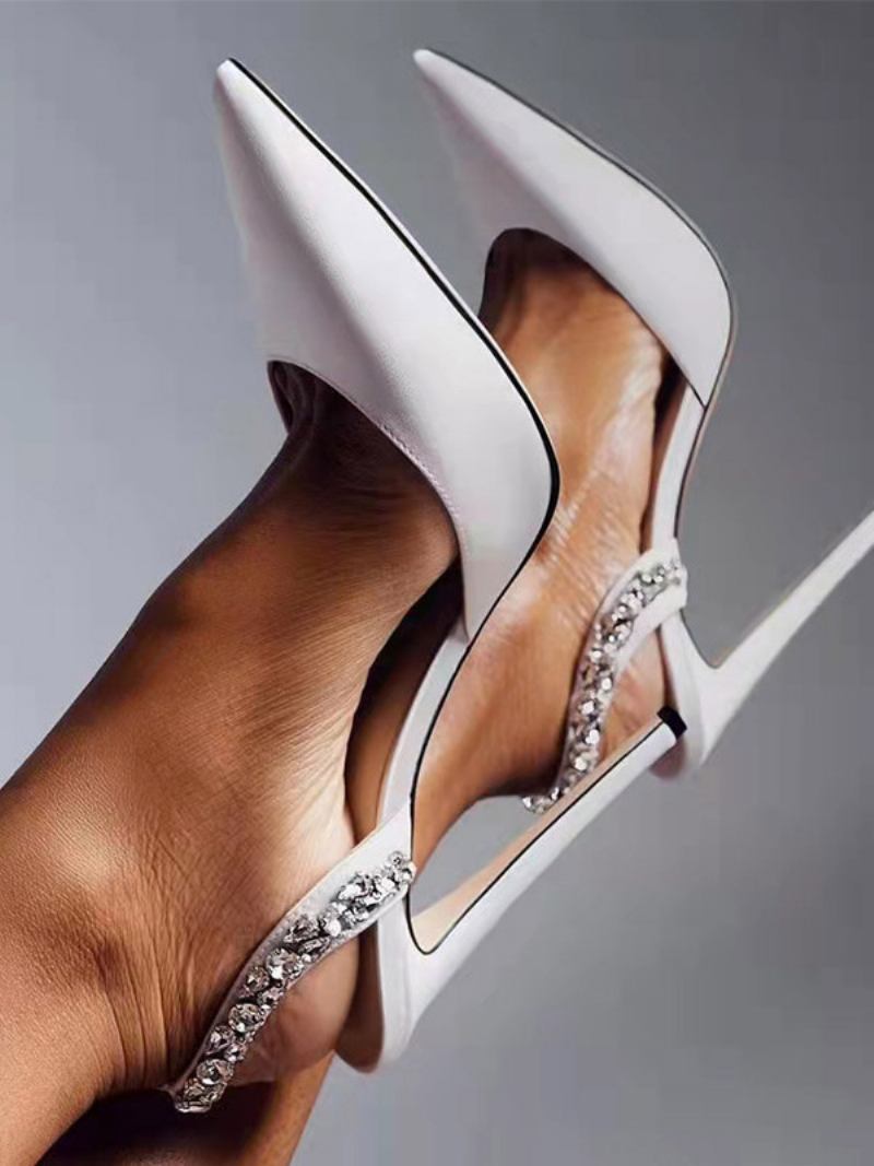 Sapatos Festa Femininos Pretos Salto Alto Com Bico Fino E Strass Estilingue - Branco