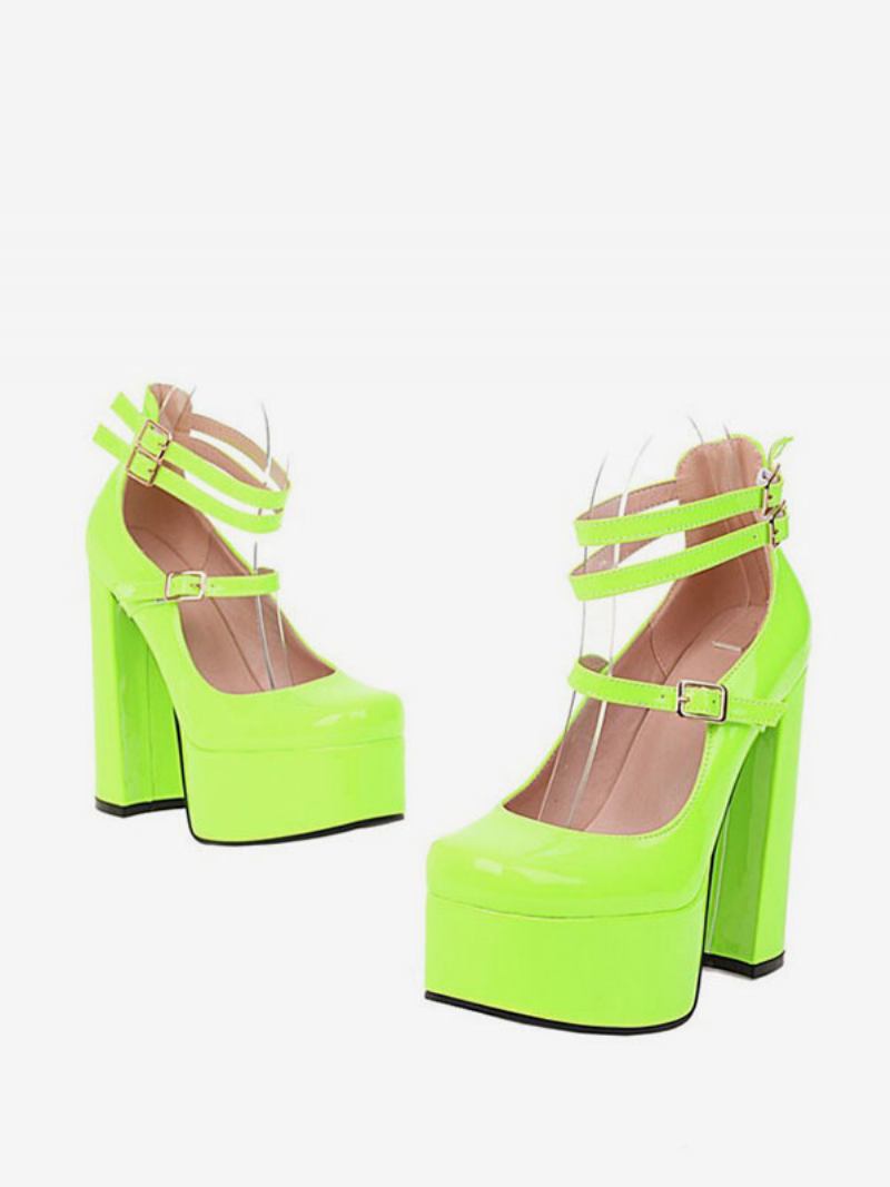 Sapatos Mary Jane Com Plataforma Feminina Salto Grosso Em Couro Envernizado - Verde Claro