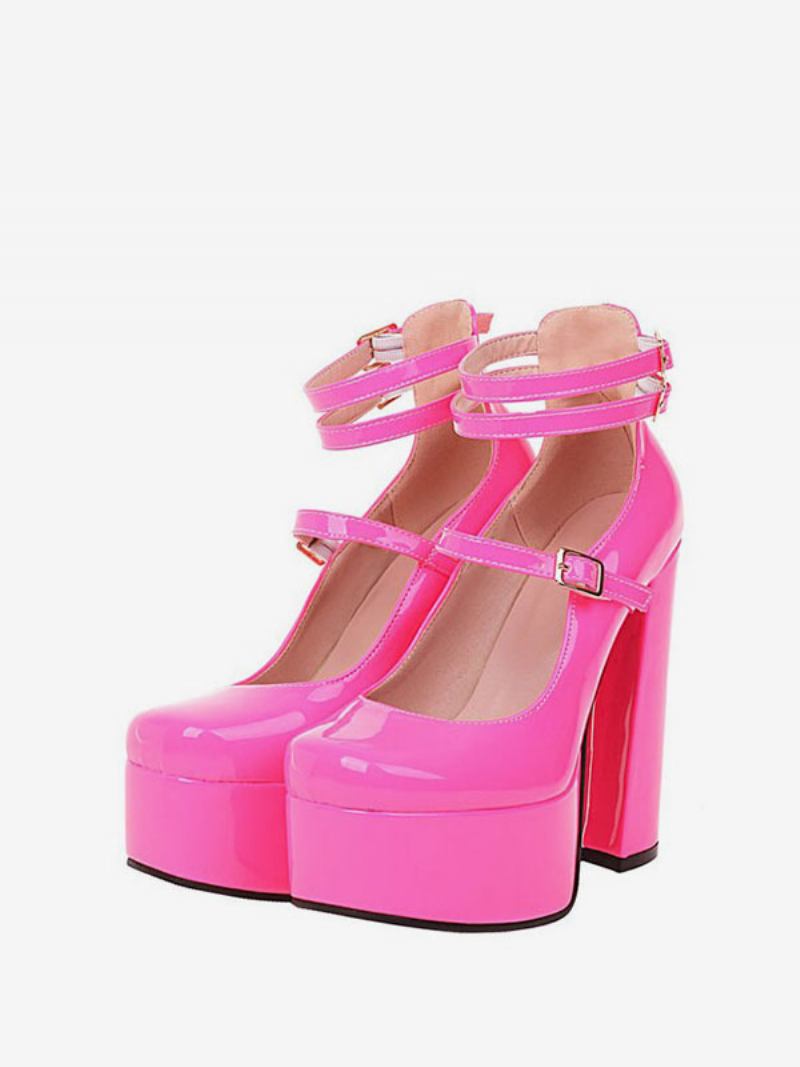 Sapatos Mary Jane Com Plataforma Feminina Salto Grosso Em Couro Envernizado - Rosa