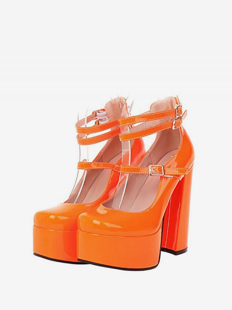 Sapatos Mary Jane Com Plataforma Feminina Salto Grosso Em Couro Envernizado - Vermelho Laranja