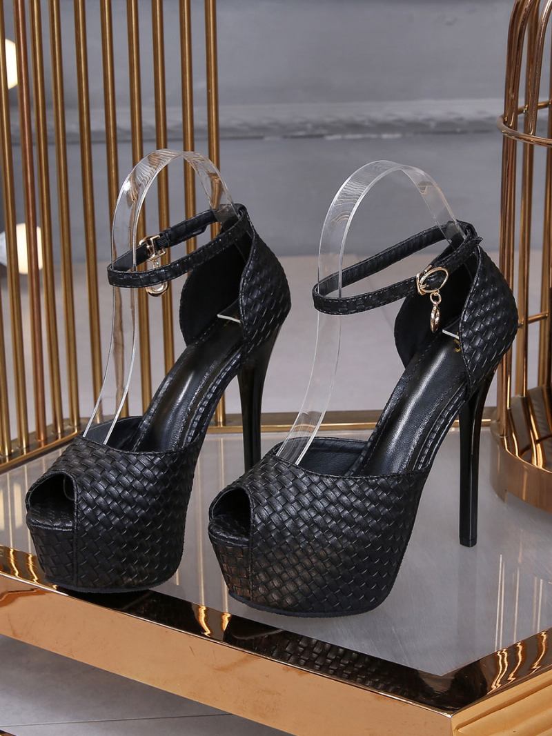 Sapatos Peep Toe Brancos Femininos Detalhes Metal Elegante Tira No Tornozelo Verão Salto Plataforma Sexy - Preto