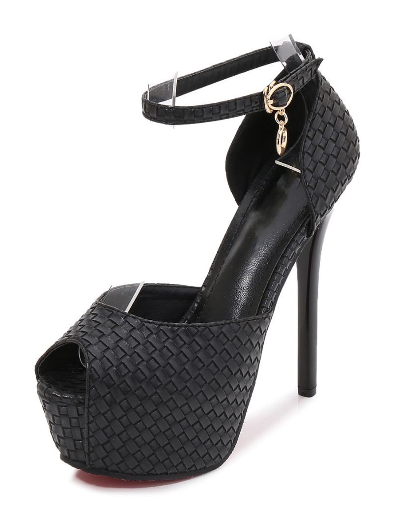 Sapatos Peep Toe Brancos Femininos Detalhes Metal Elegante Tira No Tornozelo Verão Salto Plataforma Sexy - Preto