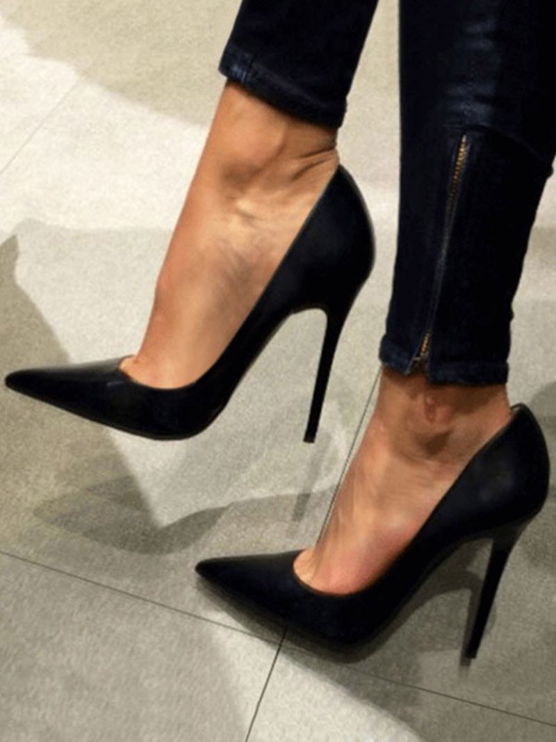 Sapatos Salto Alto Cetim Preto Com Bico Fino E Agulha Para Mulheres