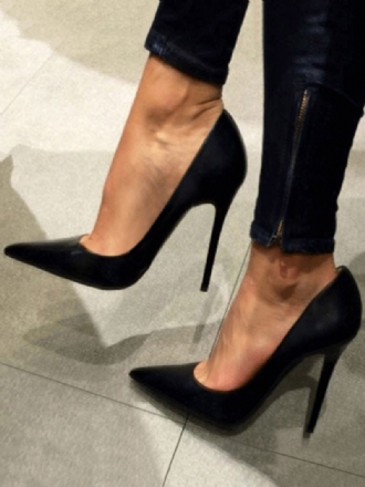 Sapatos Salto Alto Cetim Preto Com Bico Fino E Agulha Para Mulheres