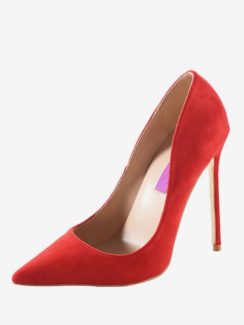 Sapatos Sociais Femininos Camurça Cor Vinho Com Bico Fino E Salto Agulha - Vermelho