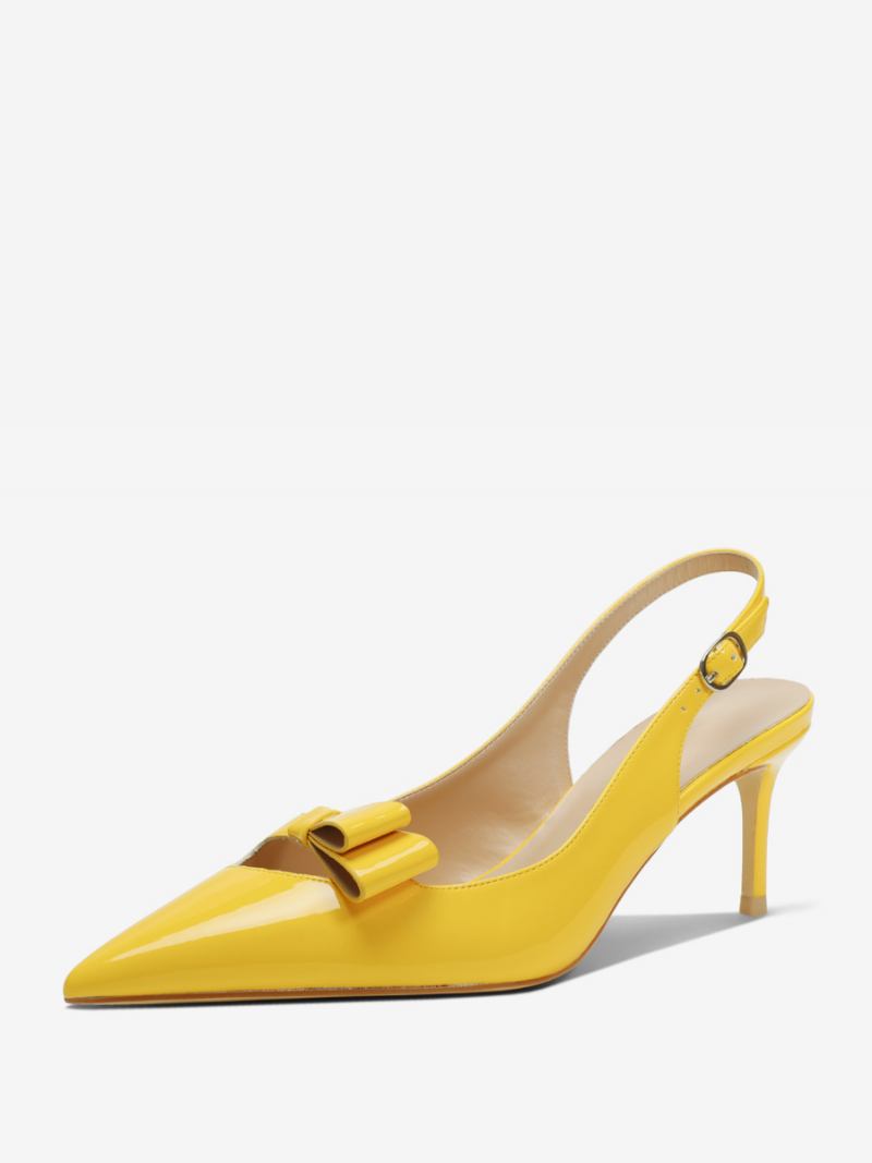 Sapatos Sociais Femininos Com Salto Agulha Preto Bico Fino E Detalhe Laço - Amarelo