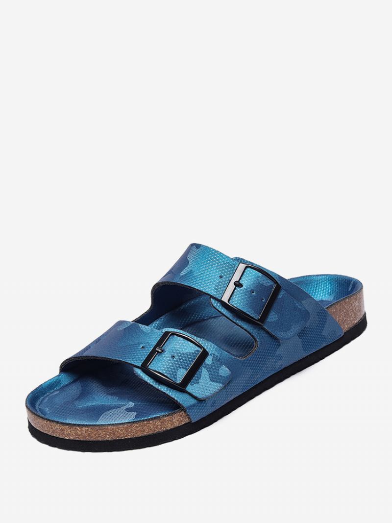 Sandálias Masculinas Slip-on Color Block Couro Pu Com Sola Dividida - Azul