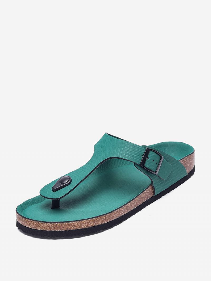 Sandálias Masculinas Slip-on Color Block Couro Pu Com Sola Dividida - Verde Caçador