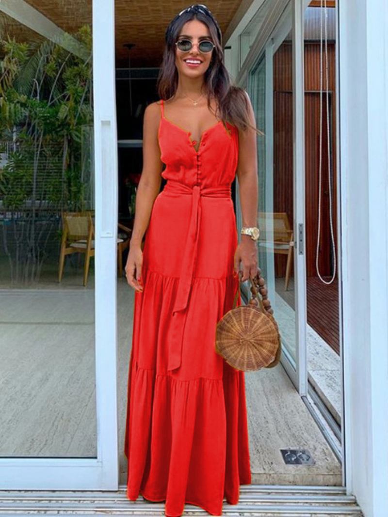 Maxi Slip Dress Botões Sem Mangas Mulheres Long Warp Beach - Vermelho