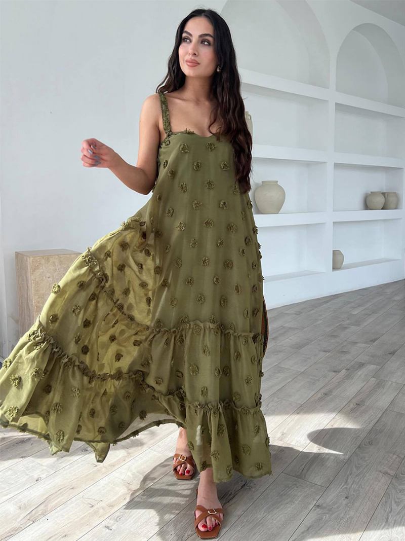 Vestido Boho Feminino Com Babados Alças Pescoço Sem Mangas Verão Grande - Verde Caçador