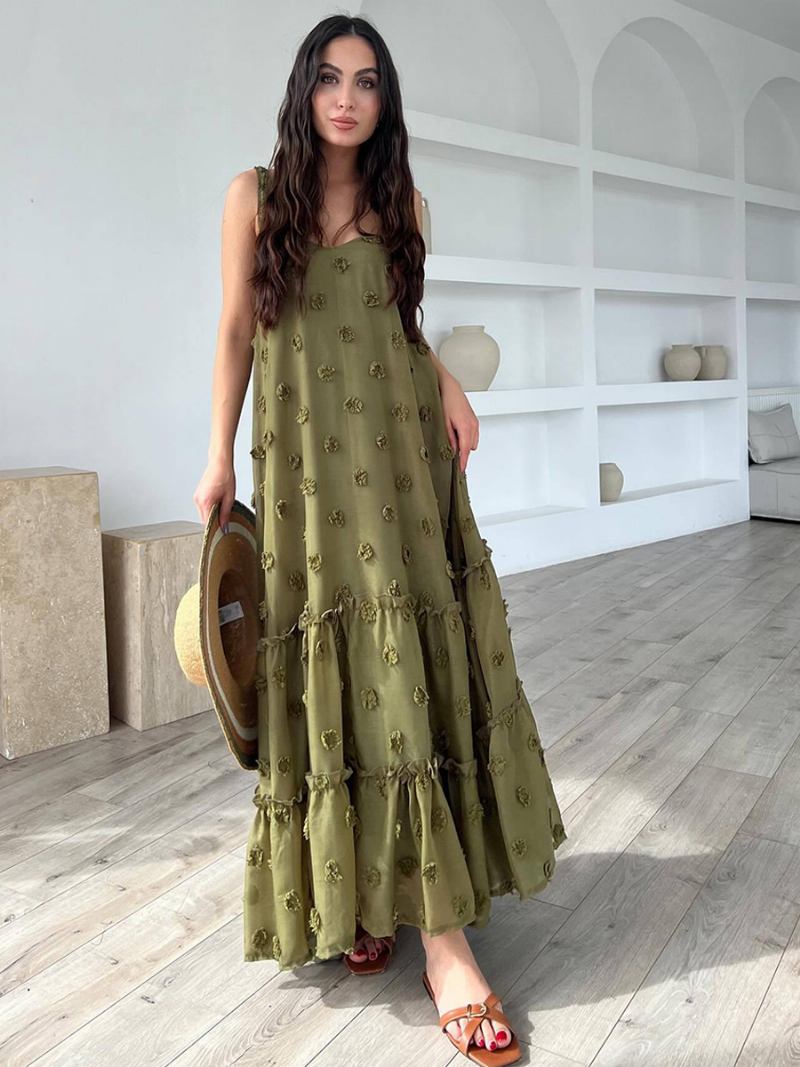 Vestido Boho Feminino Com Babados Alças Pescoço Sem Mangas Verão Grande - Verde Caçador