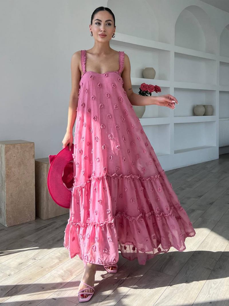 Vestido Boho Feminino Com Babados Alças Pescoço Sem Mangas Verão Grande - Rosa