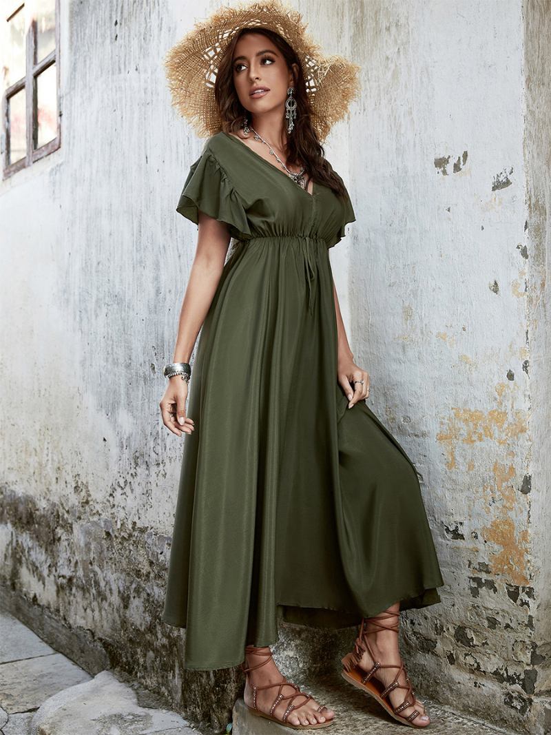 Vestido Boho Feminino Com Decote Em V Mangas Esvoaçantes Cordão Na Cintura Vestidos Maxi Casuais Verão - Caçador Verde