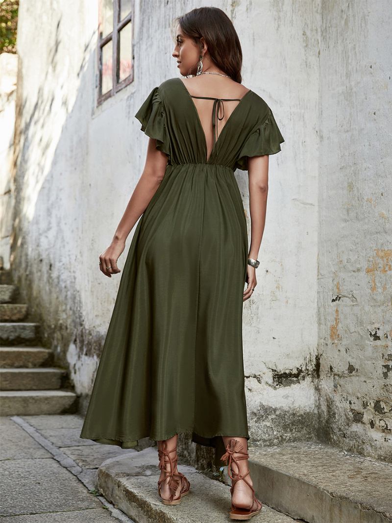 Vestido Boho Feminino Com Decote Em V Mangas Esvoaçantes Cordão Na Cintura Vestidos Maxi Casuais Verão - Caçador Verde