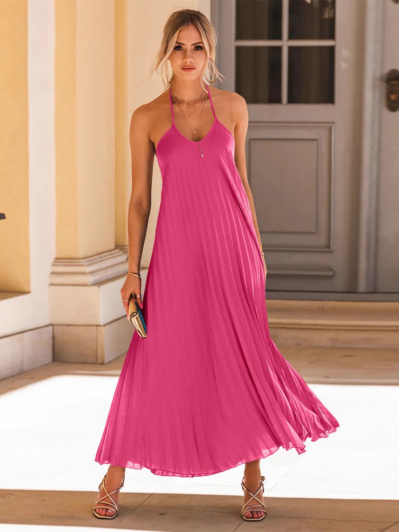 Vestido Boho Feminino Halter Aberto Nas Costas Ruching Vestidos Casuais Verão Em Cor Sólida - Rosa