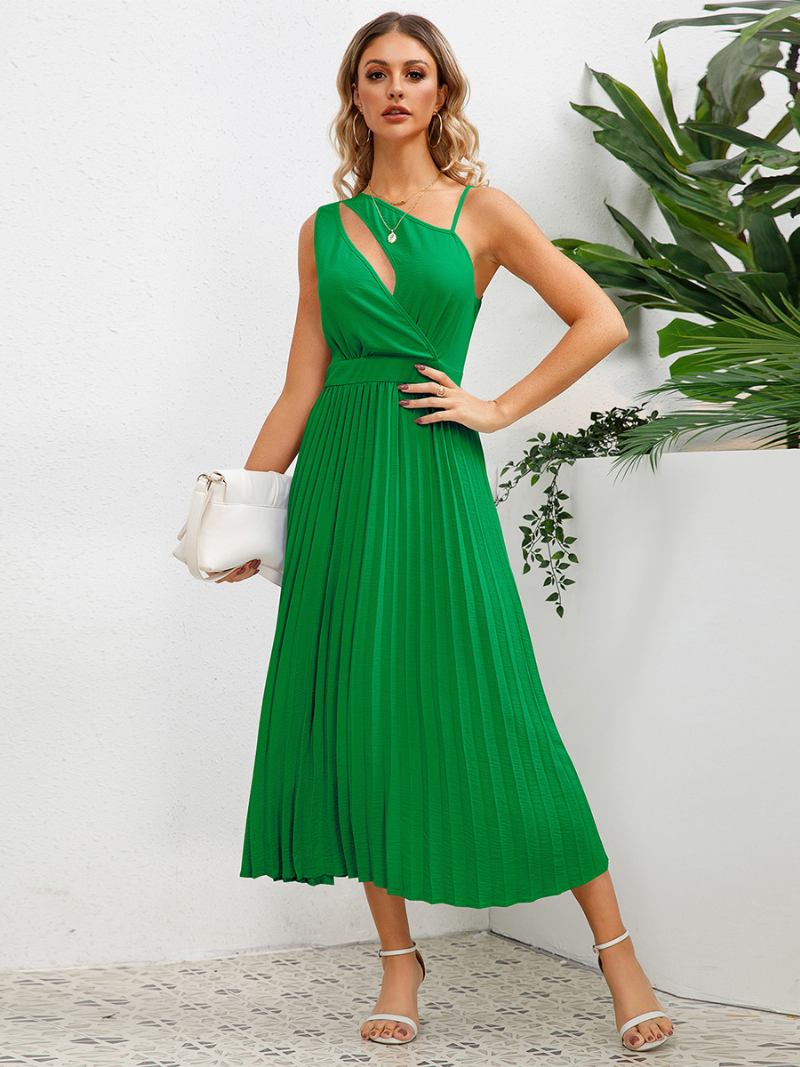 Vestido Casual Feminino Com Recorte Assimétrico Ombro Franzido Vestidos Midi Verão - Verde