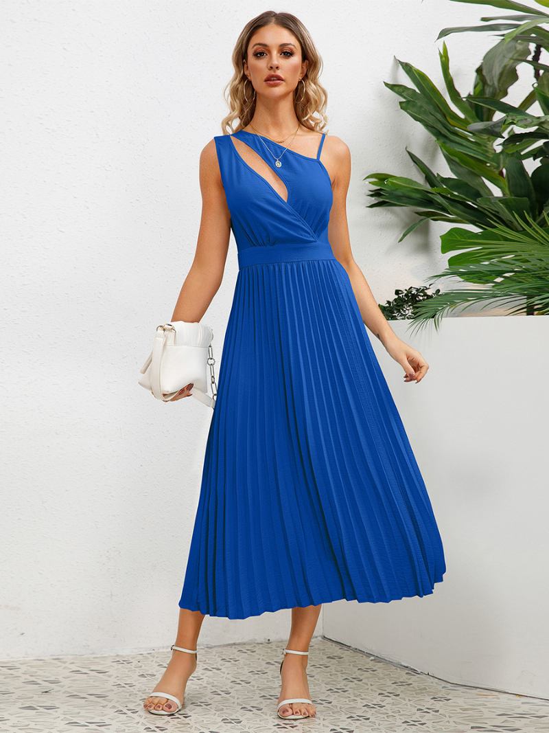 Vestido Casual Feminino Com Recorte Assimétrico Ombro Franzido Vestidos Midi Verão - Azul