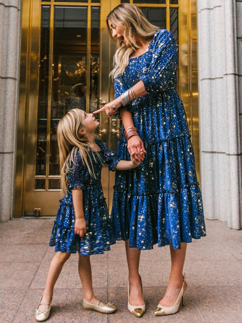 Vestido Feminino Barbie Rosa Guingão Para Pais E Filhos Com Gola Quadrada Xadrez Médio Verão - Azul