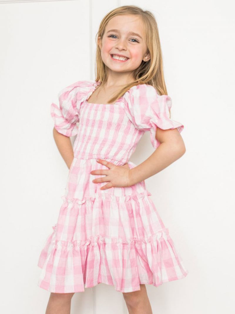 Vestido Feminino Barbie Rosa Guingão Para Pais E Filhos Com Gola Quadrada Xadrez Médio Verão - Rosa