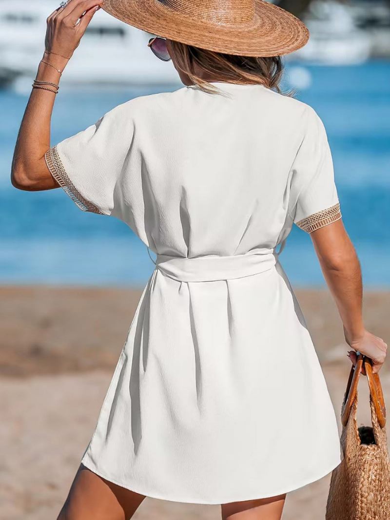 Vestido Feminino Branco Verão Com Decote Em V Oco Manga Curta Vestidos Curtos Casuais - Branco