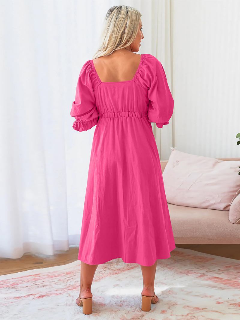 Vestido Feminino Evasê Com Decote Em Coração Mangas Bufantes Recorte Casual Vestidos Verão - Rosa