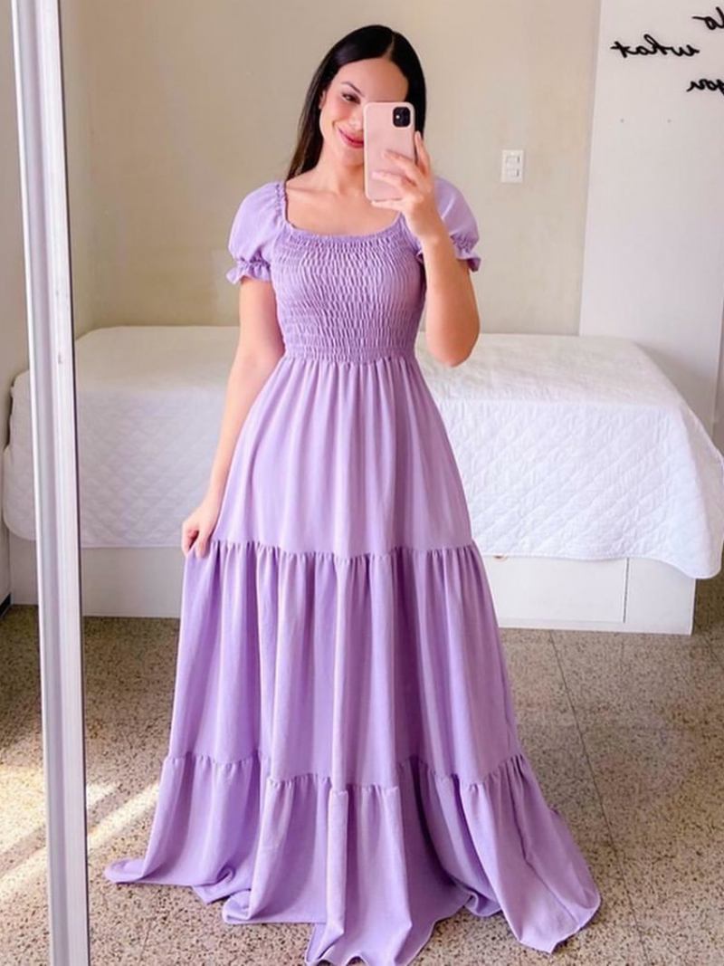 Vestido Feminino Evasê Com Mangas Curtas Babados Em Camadas Vestidos Maxi Verão