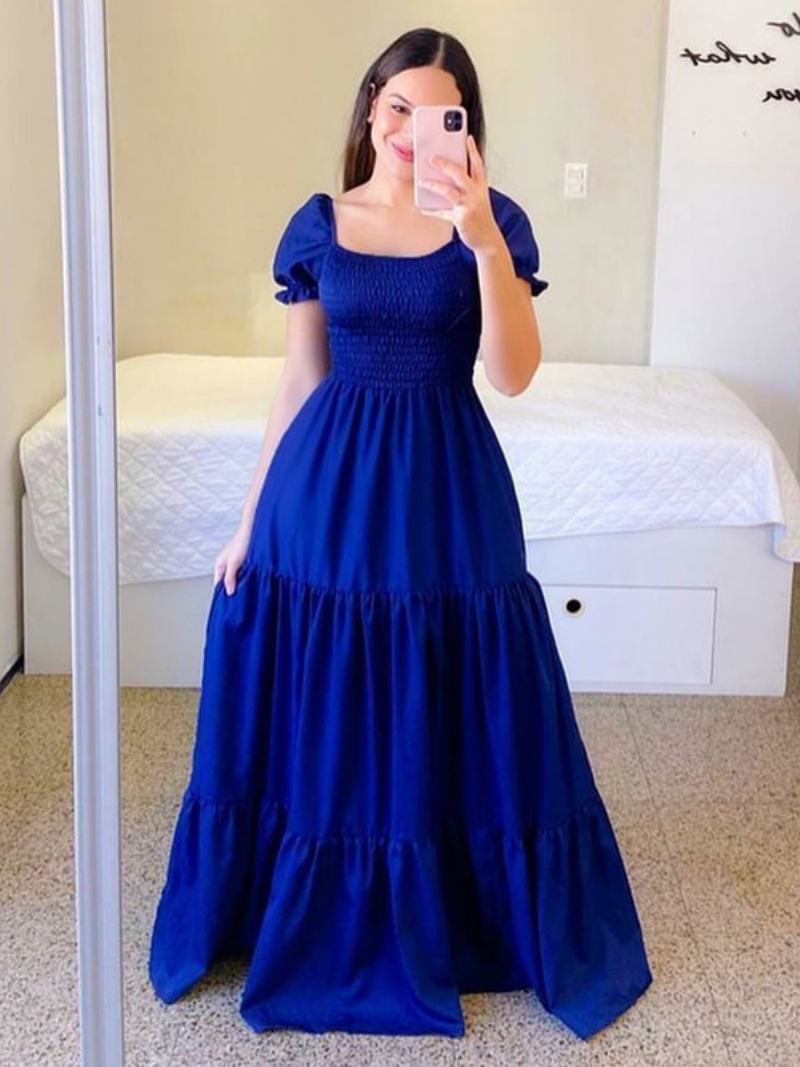 Vestido Feminino Evasê Com Mangas Curtas Babados Em Camadas Vestidos Maxi Verão - Azul Profundo