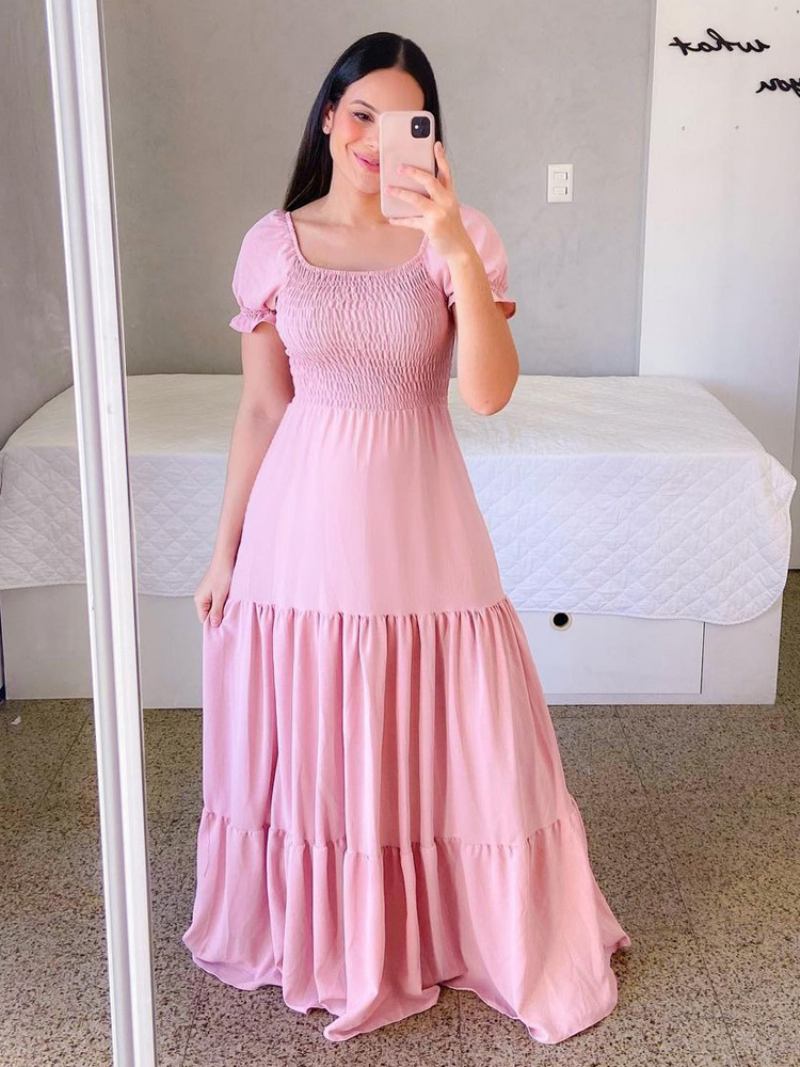 Vestido Feminino Evasê Com Mangas Curtas Babados Em Camadas Vestidos Maxi Verão - Rosa