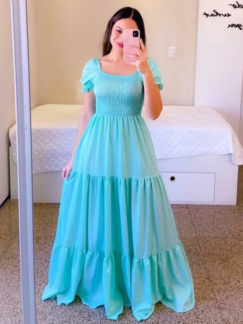 Vestido Feminino Evasê Com Mangas Curtas Babados Em Camadas Vestidos Maxi Verão - Aqua