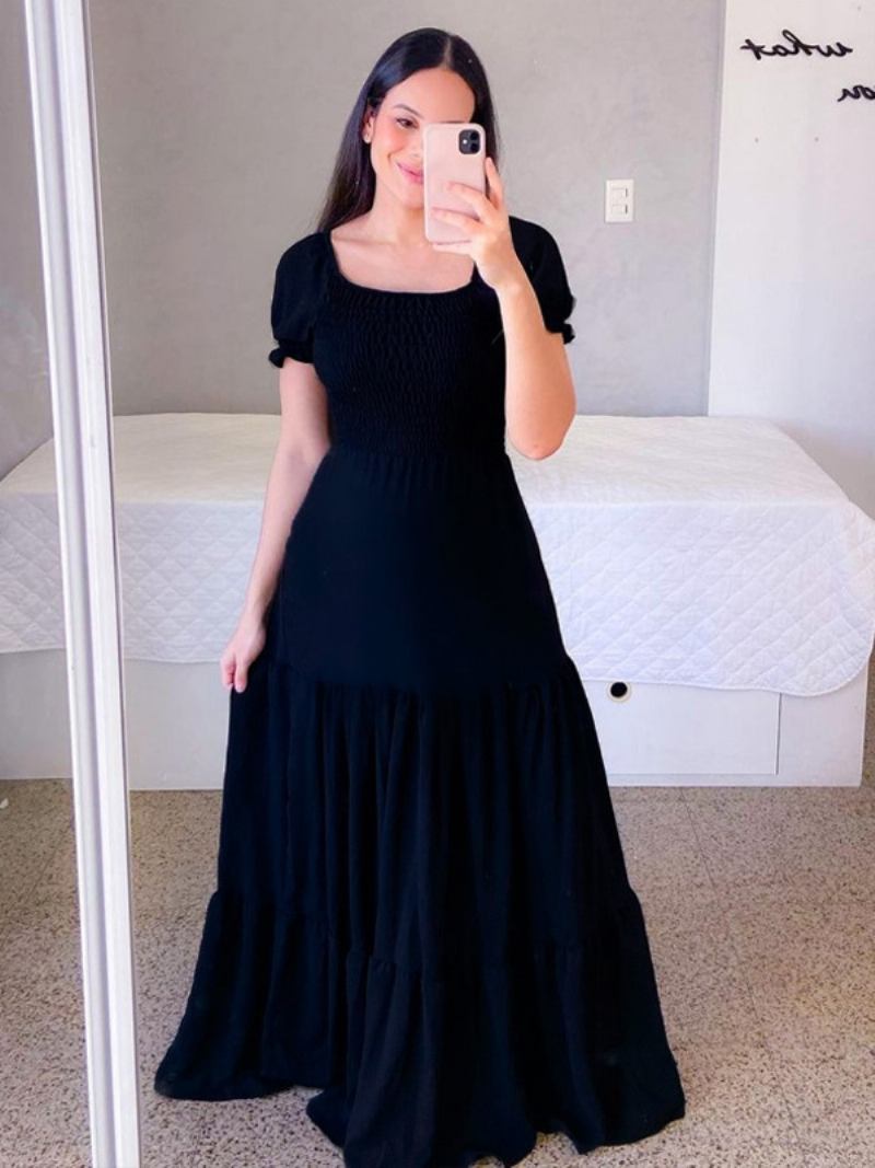 Vestido Feminino Evasê Com Mangas Curtas Babados Em Camadas Vestidos Maxi Verão - Preto